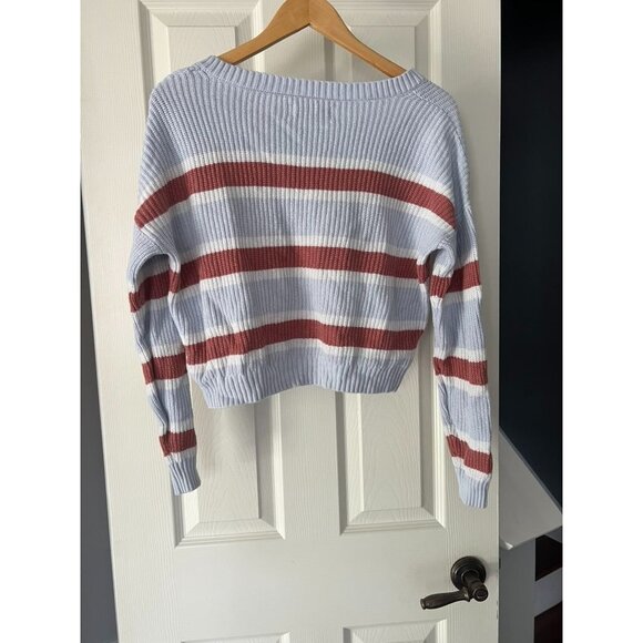 Hollister Striped Knit Sweater Women’s XXS V-Neck Cropped Pullover Blue Red Whit - Picture 6 of 6